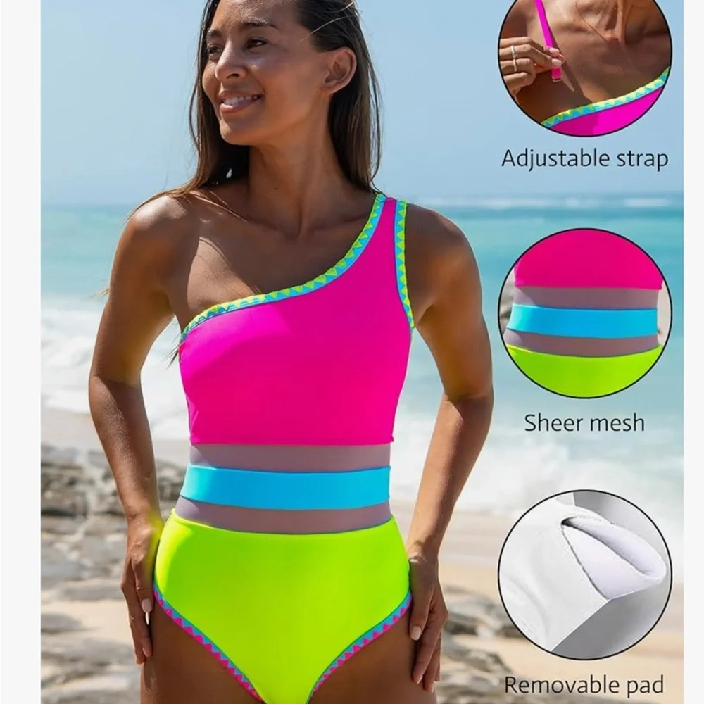 Vibrant One-Shoulder Swimsuit - Pink and Green - Picture 2 of 4